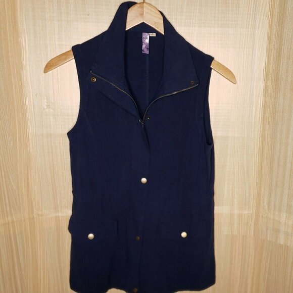 Alya Blue Linen Blend Long Full Zip Vest Small - Picture 1 of 8